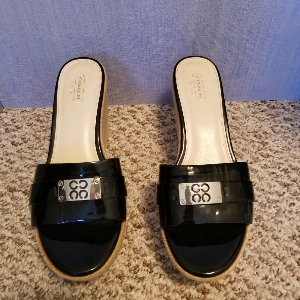 Coach Women's Size 9 Black Christie  Patent Leather Espadrille Wedge Sandal